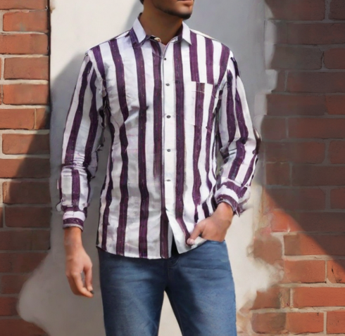 Men’s Striped Long Sleeve Shirt – 100% Cotton