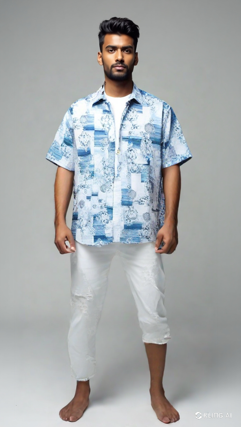 Men’s Premium Blue & White Patchwork Print Short Sleeve Shirt – Summer Casual Wear